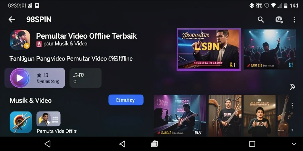 Tampilan utama 98SPIN dengan menu video Pemutar Offline yang intuitif.