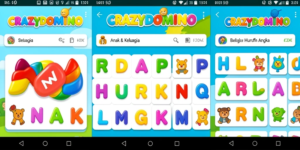 Tampilan antarmuka aplikasi CRAZYDOMINO untuk belajar huruf dan angka.