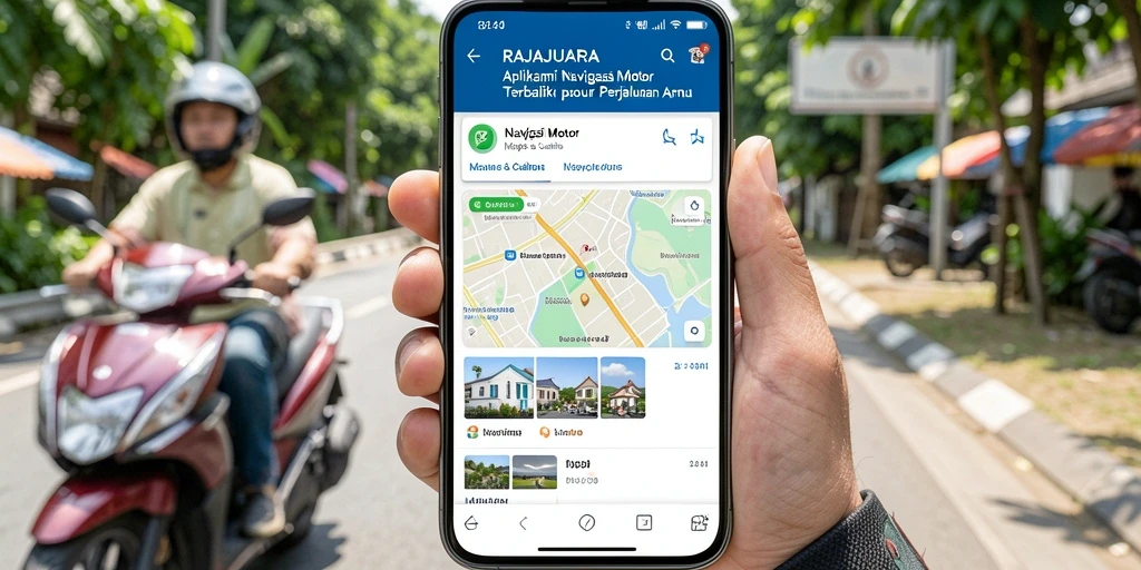 Antarmuka aplikasi RAJAJUARA menampilkan peta dan rute navigasi motor.